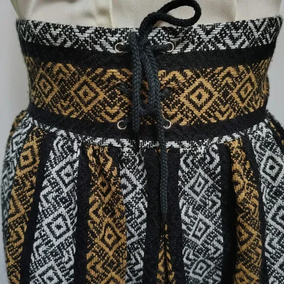 1960s High Waisted Handmade Tribal Boho Print Maxi Skirt Grommet Tie Front SZ XS